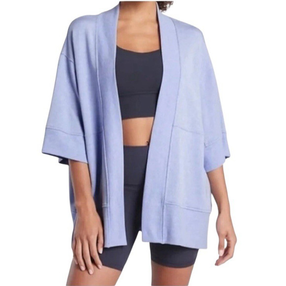 ATHLETA Lotus Wrap Size L/XL Heather Blue Short Sleeve Open Front Comfy Cardigan - Picture 1 of 9